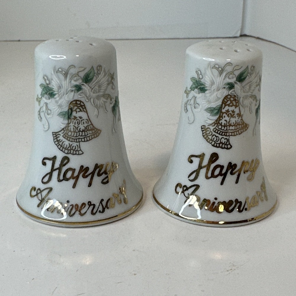 Happy Anniversary Bell Shaped Salt & Pepper Shakers Lefton Japan 1150